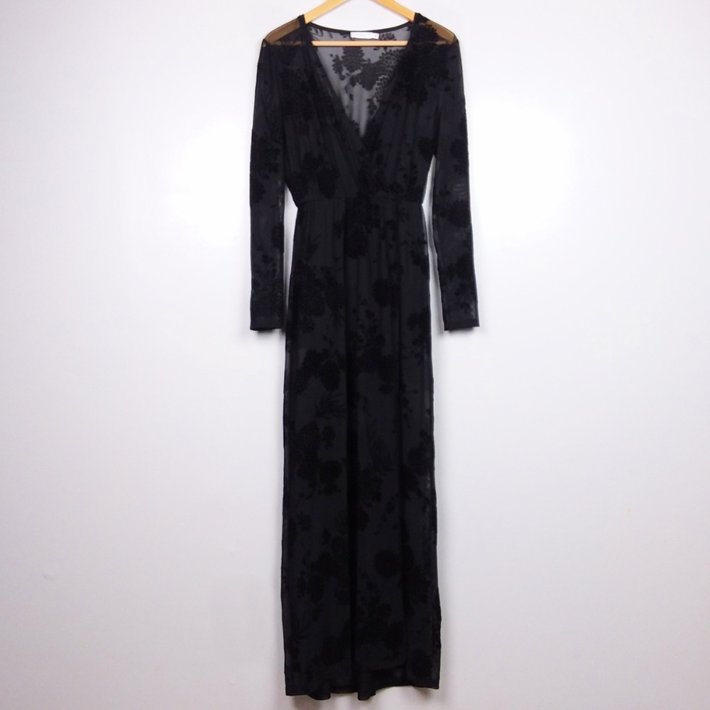 Lush Flocked Velvet Floral Overlay Maxi Dress